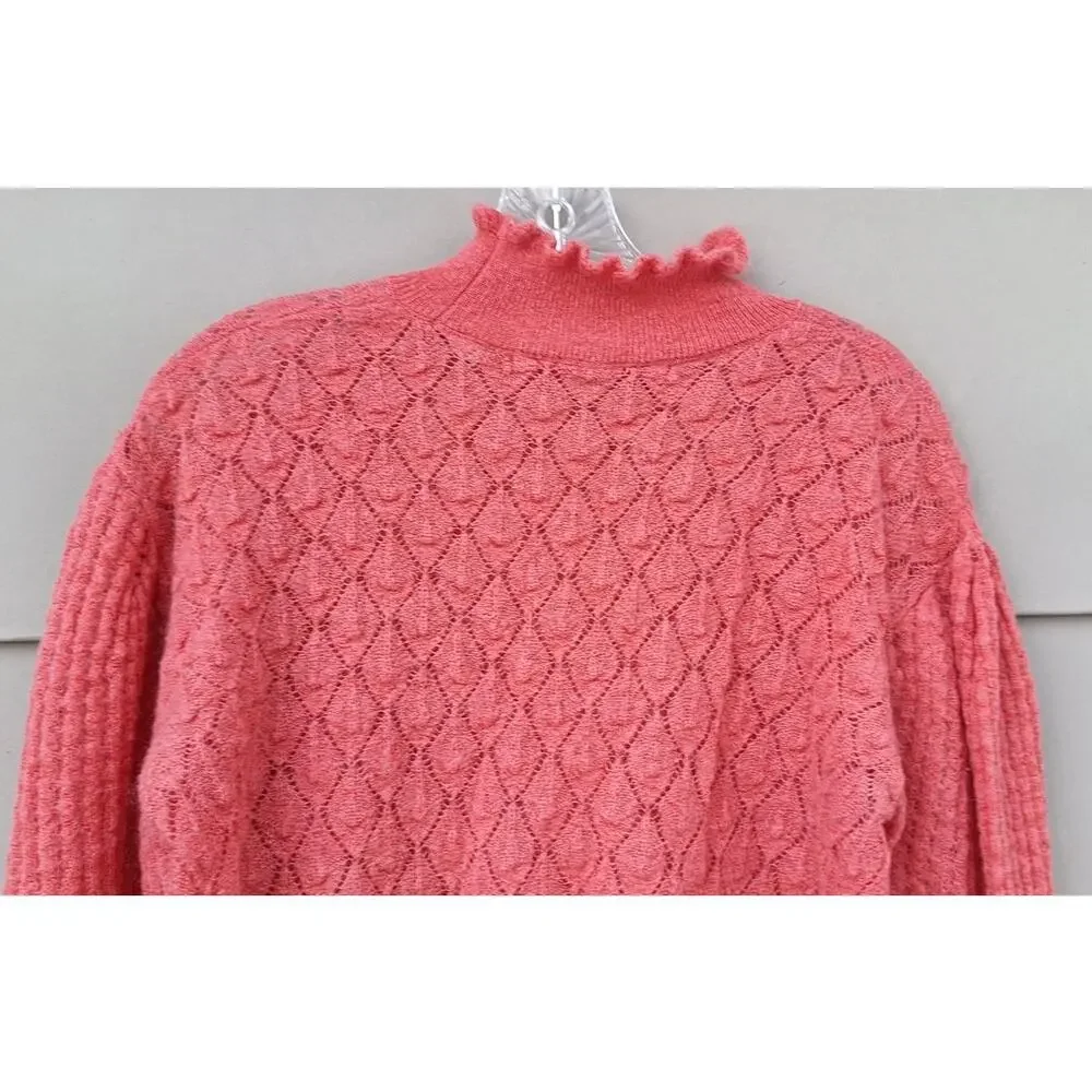 Knitted & Knotted Anthropologie Helga Mock Neck Coral Pink Puff Sleeve Sweater S